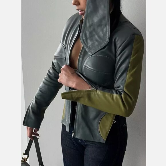 The Glamour Blueprint Trieze Biker Jacket Lambskin Leather Gray Green Women's L - Picture 1 of 12
